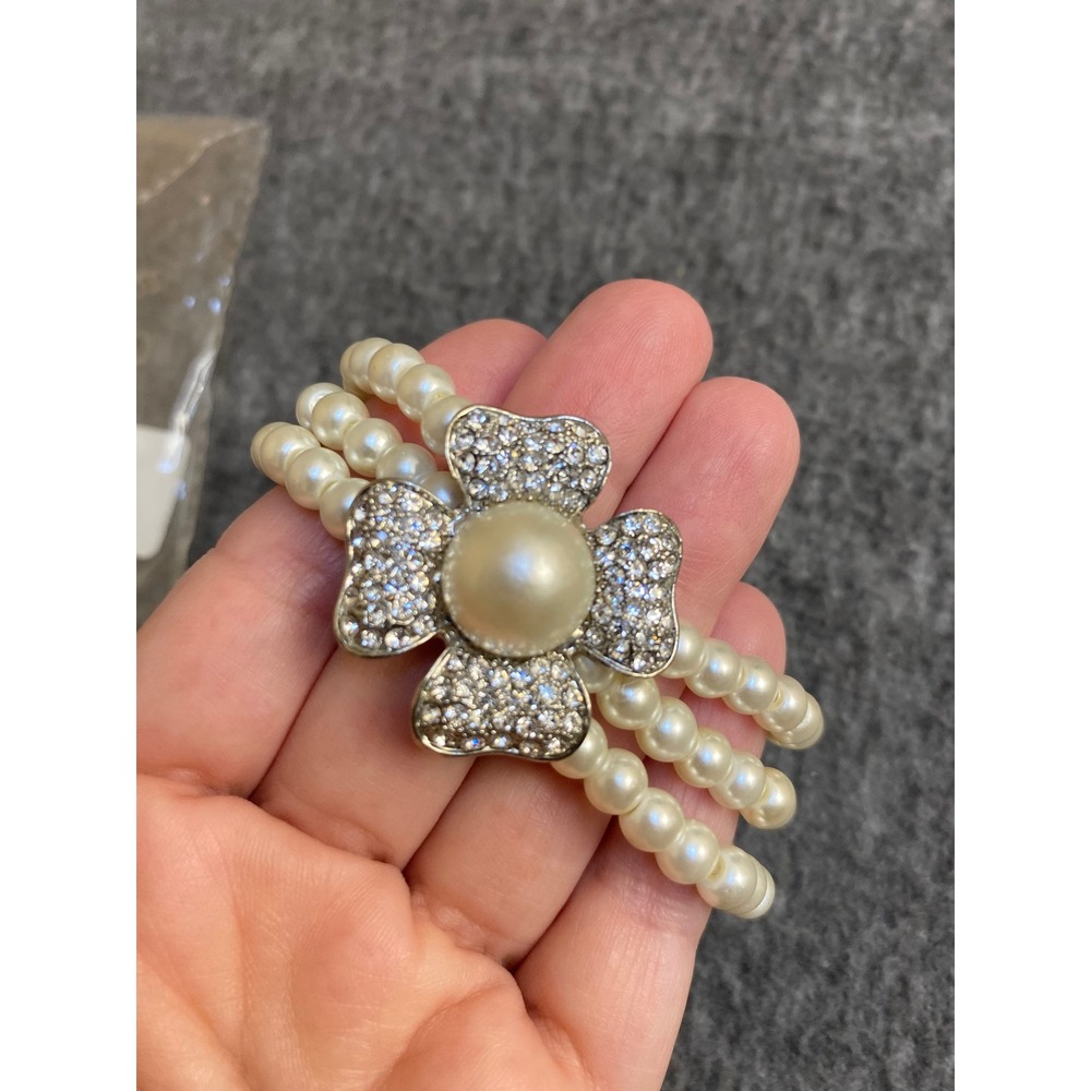 Paparazzi White Faux Pearl 3 Strand Stretch Bracelet Rhinestone Flower Accent
